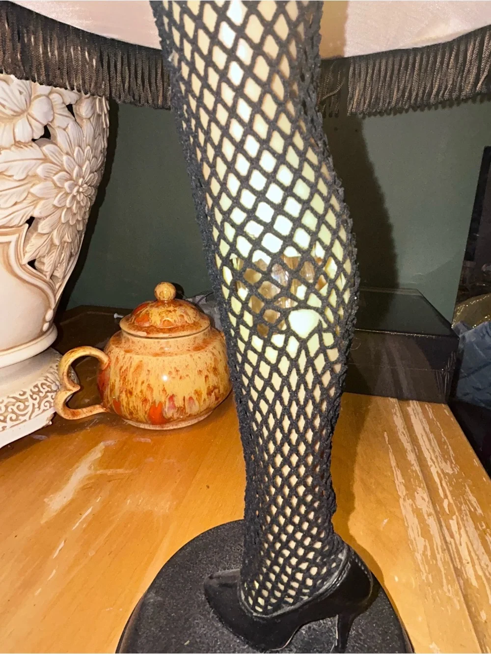 Vintage-Inspired Christmas Story Fishnet Leg Table Lamp with Gold Shade